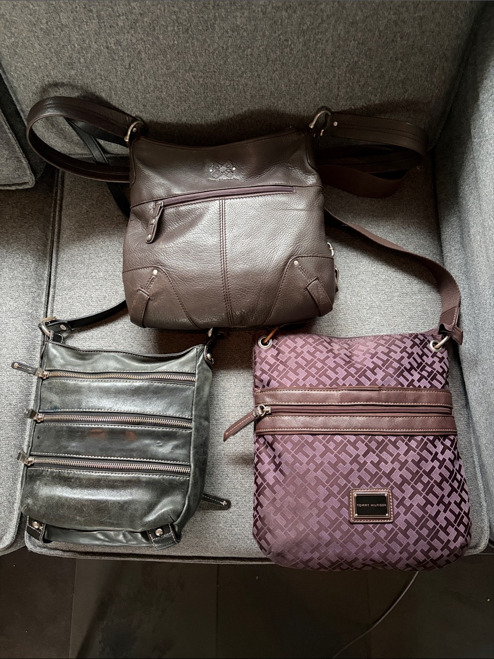 Three Crossbody Bags - Brown Leather, Plum Pattern